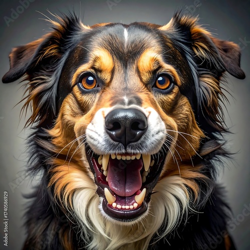 Intense Gaze of a Border Collie with Open Mouth and Sharp Teeth.