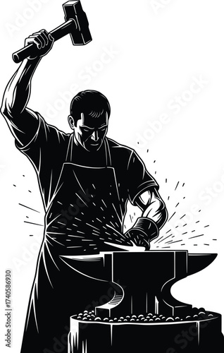 Blacksmith hammering hot iron on an anvil with sparks, powerful craftsman vector illustration