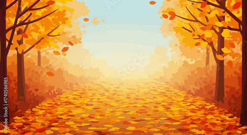 Autumn Path Vibrant Forest Scene with Falling Leaves