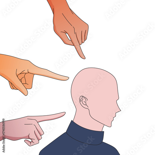 Illustration of multiple hands pointing fingers at a person’s head, symbol of blame, accusation, bullying, criticism, peer pressure, judgment, and negative social interaction concept