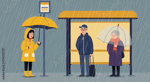 Rainy Day Bus Stop People Waiting in the Rain with Umbrellas and Coats