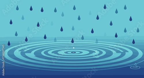 Raindrop Ripples Serene Blue Water Surface with Falling Droplets