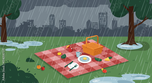 Picnic Interrupted by Rain in the Park A Soaked Outdoor Meal