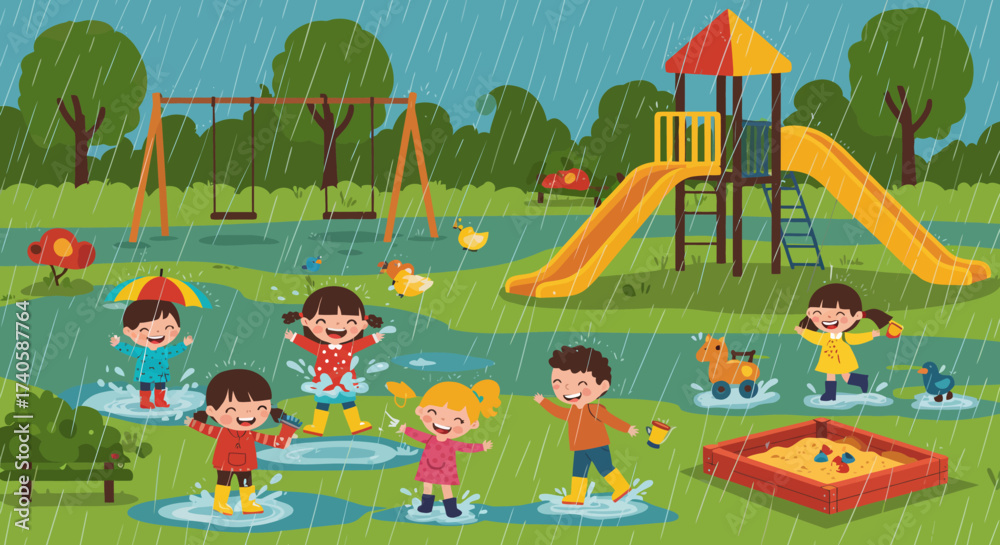 Obraz premium Rainy Day Fun Kids Enjoying a Playground Adventure in the Rain