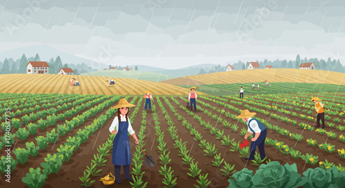 Harvest Harmony Farmers Cultivating Crops in a Vibrant Rural Landscape