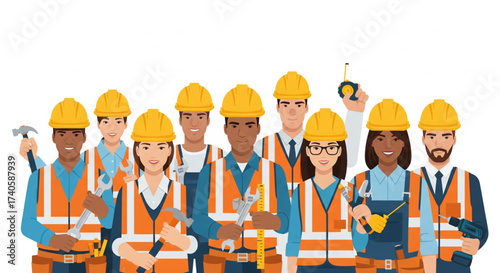A diverse group of construction workers standing together, holding tools and ready to work.