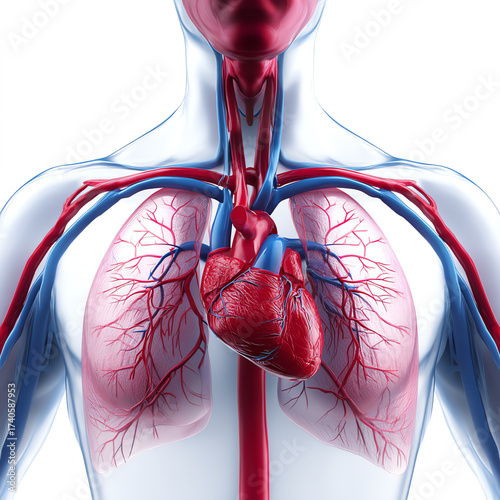Detailed 3D medical illustration showing the human heart and lungs with veins and arteries in the thoracic cavity, highlighting the cardiovascular and respiratory systems