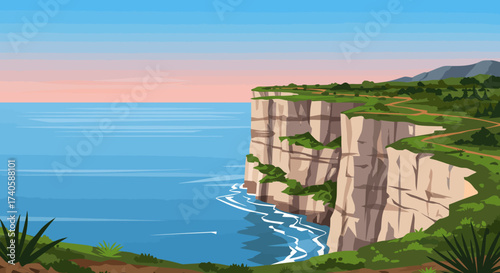 Coastal Cliffside Panorama A Serene Seascape Illustration