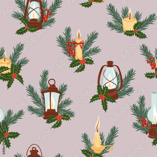 vector drawing Christmas seamless pattern, vintage kerosene lamps, candles and fir branch with green needles and holly leaves and red berries, hand drawn illustration