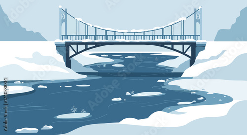 Winter Serenity A Snow-Covered Bridge Over a Frozen River