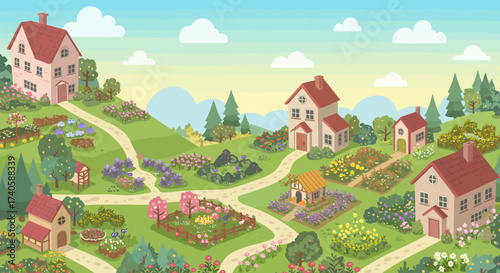 Cartoon Village with Blooming Gardens and Quaint Houses on Rolling Hills