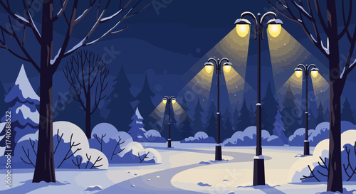 Winter Night Scene Snow-Covered Park Path with Glowing Streetlights