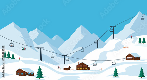 Winter Adventure Snowy Mountains, Ski Lifts, and Cozy Cabins in a Serene Landscape