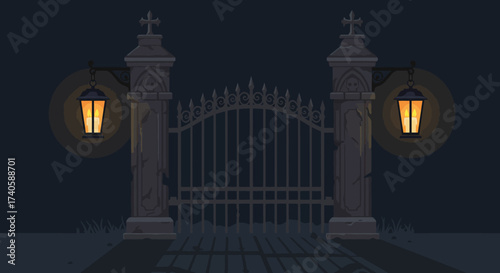 Eerie Gate at Night Vector Illustration of a Dark Entrance with Glowing Lanterns
