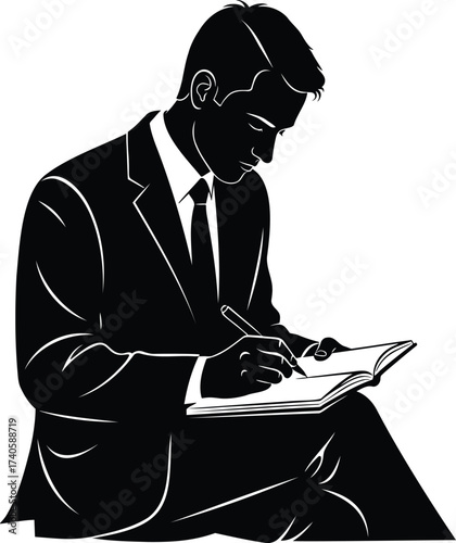 Businessman in a suit writing in a notebook, focused professional taking notes silhouette vector