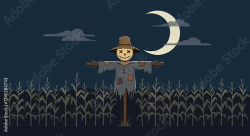 Autumn Scarecrow Under Crescent Moon in Cornfield at Night