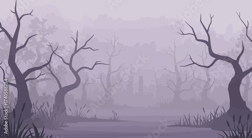 Eerie Foggy Swamp Silhouette Trees & Misty Landscape Illustration