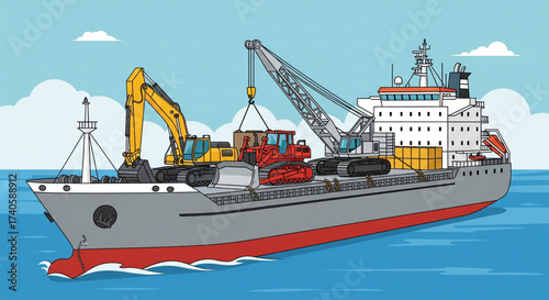 A cargo ship is carrying heavy machinery, including an excavator and a crane, on the ocean.