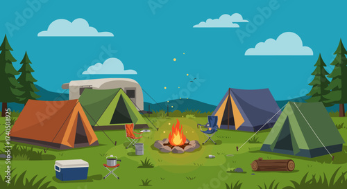 Camping Scene with Tents, RV, and Campfire in a Picturesque Landscape