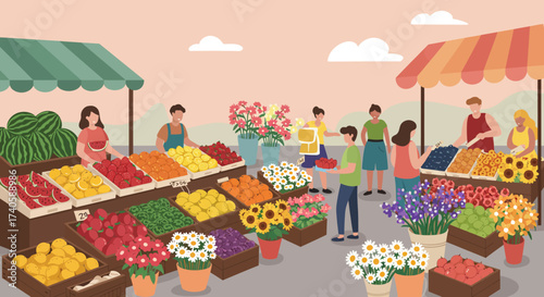 Bustling Farmers Market Scene with Colorful Produce and Flowers
