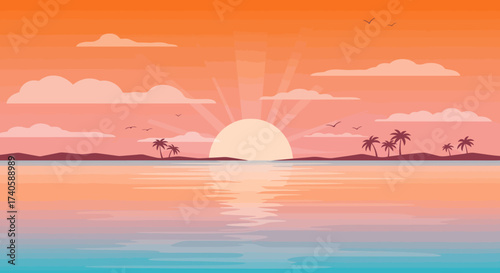 Tropical Sunset Serenity A Peaceful Island Escape with Warm Colors and Calm Waters