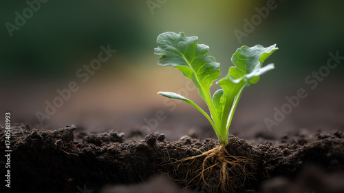 Young green plant sprouting from rich soil with visible roots, symbolizing growth, nature, and agriculture in a natural outdoor setting with a blurred background
