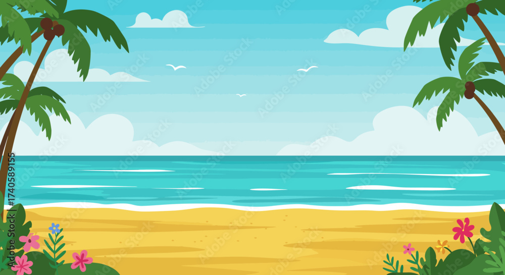 Fototapeta premium Tropical Beach Escape Palm Trees, Sandy Shore, and Azure Ocean View