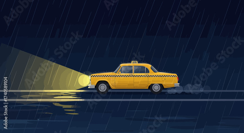 Vintage Yellow Taxi Cab on a Rain-Slicked Street at Night