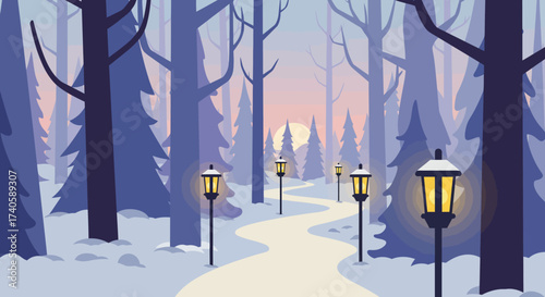 Winter Forest Path at Sunset Illustration