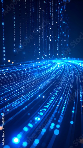 Glowing blue light trails of digital information