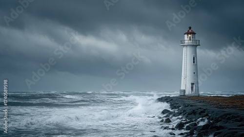 Lighthouse on rocky coast under stormy skies