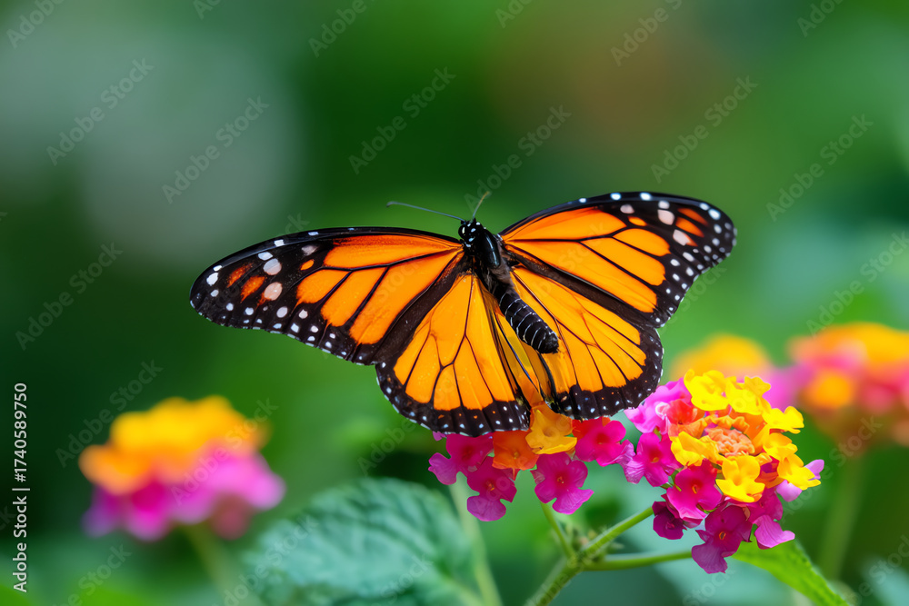 Naklejka premium A vibrant monarch butterfly with orange and black wings perches delicately on colorful pink and yellow flowers against a lush green blurred background