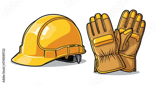 A yellow construction helmet and work gloves are displayed against a white background.