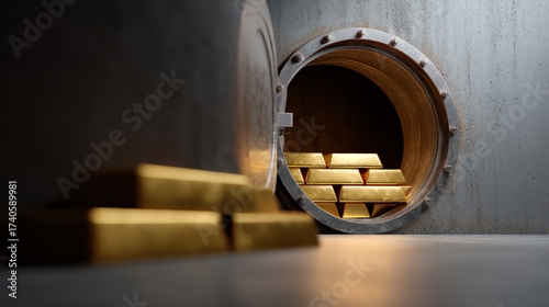 A vault door open to reveal stacked gold bars inside, with additional gold bars placed outside on a metallic surface, symbolizing wealth and security