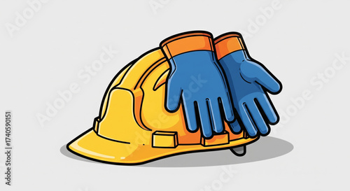 A cartoon illustration of a yellow construction helmet and blue work gloves.