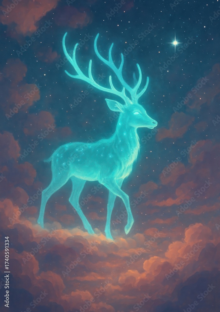 Fototapeta premium Mystical glowing deer in sky