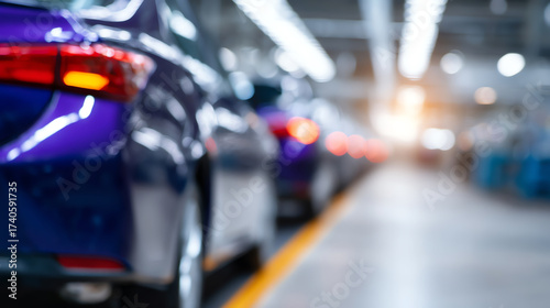 Wallpaper Mural A row of shiny blue cars parked inside a brightly lit, spacious automotive factory or assembly line with a blurred background and industrial lighting Torontodigital.ca