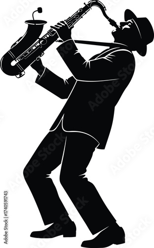 Jazz saxophonist in a suit and fedora playing a solo, vector silhouette
