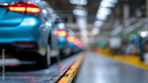 Wallpaper Mural Blue cars with illuminated taillights are aligned on a conveyor belt inside a brightly lit automotive manufacturing facility Torontodigital.ca