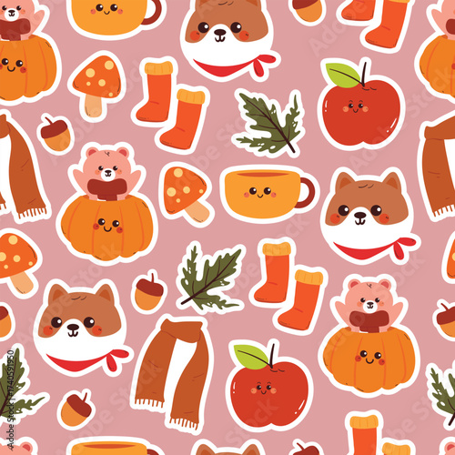 cute seamless pattern cartoon bear and puppy with autumn falls element drawing for gift wrap paper
