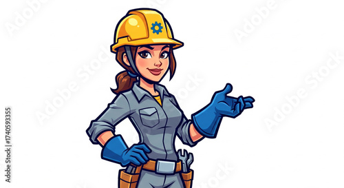 Cartoon illustration of a female construction worker wearing a hard hat, jumpsuit, and gloves, gesturing with her hand.