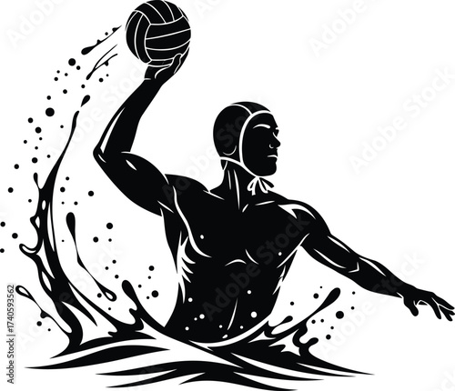 Dynamic water polo player throwing ball from splashing water, isolated sports vector illustration