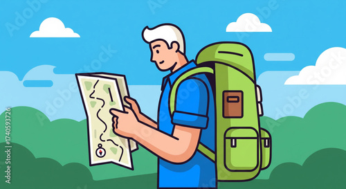 A man with a backpack studies a map outdoors, surrounded by trees and a blue sky with clouds.