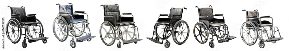 Fototapeta premium Various Wheelchair Designs for Mobility and Comfort Needs Isolated Transparent Background