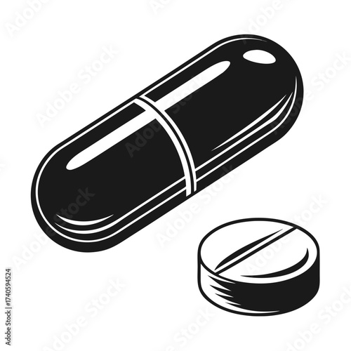 Black and white illustration of a capsule and pill