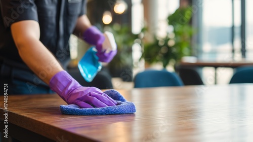 Person wiping wooden table with blue cloth and spray in restaurant setting wearing gloves. Concept for hygiene maintenance, surface sanitization and hospitality cleanliness