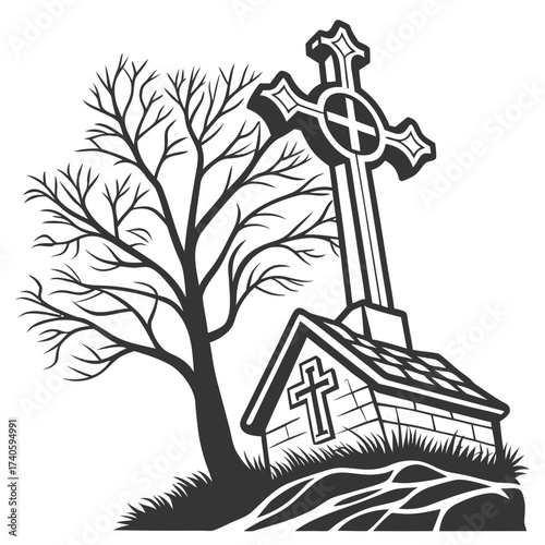 Illustration of a tombstone with cross and tree