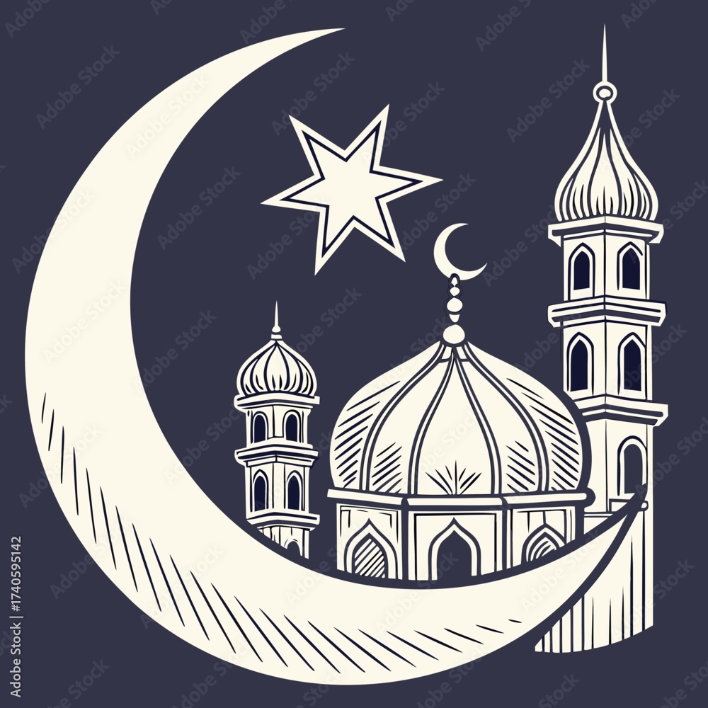 Fototapeta premium Mosque with crescent moon isolated on dark background, vector illustration