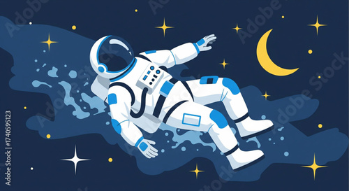 An astronaut floats weightlessly in the vast, dark expanse of outer space, near a crescent moon.