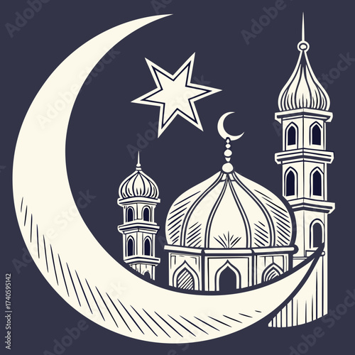Mosque with crescent moon isolated on dark background, vector illustration